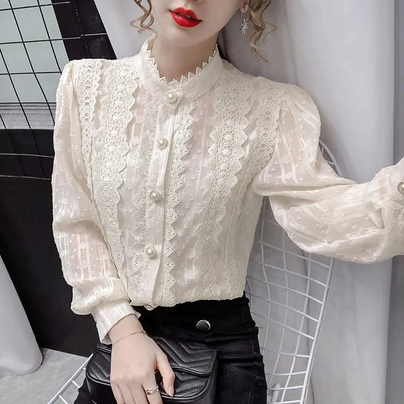 

Ocean light ripe lace shirt blouse female 2022 spring new design sexy small long sleeve jacket fairy chiffon shirt blouse female