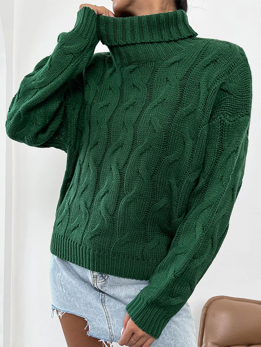 

ZAFUL Turtleneck Cable Knit Sweater Women Drop Shoulder Long Sleeve Jumper Autumn Winter Pullover