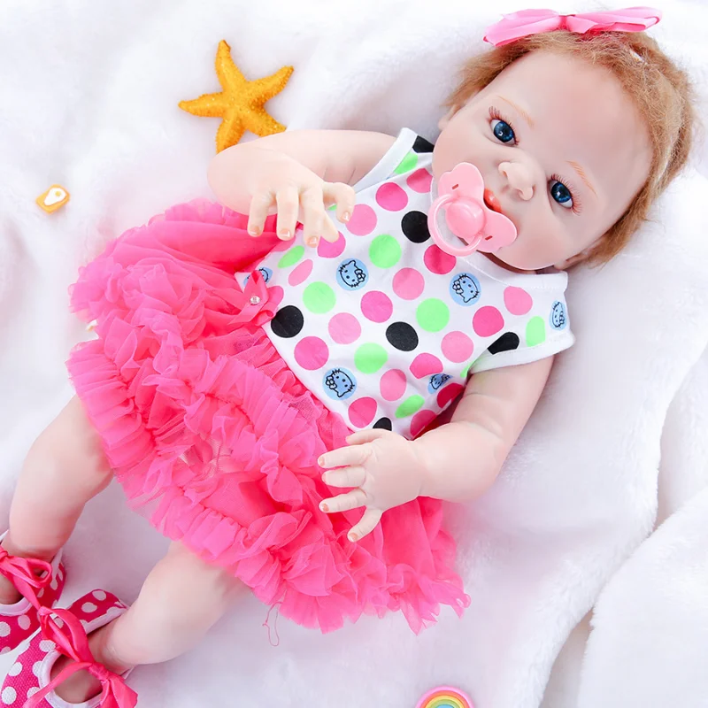 

Reborn Doll Simulation Baby Enamel Soft Rubber Doll Short Hair Pink Puffy Skirt Girl Toy 55cm