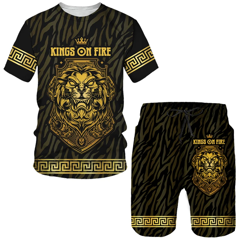 

New 2022 Summer Gold Pattern Lion Head 3d Printing Men's Casual T-Shirt Shorts Suit Fashion Tops Sports Men's