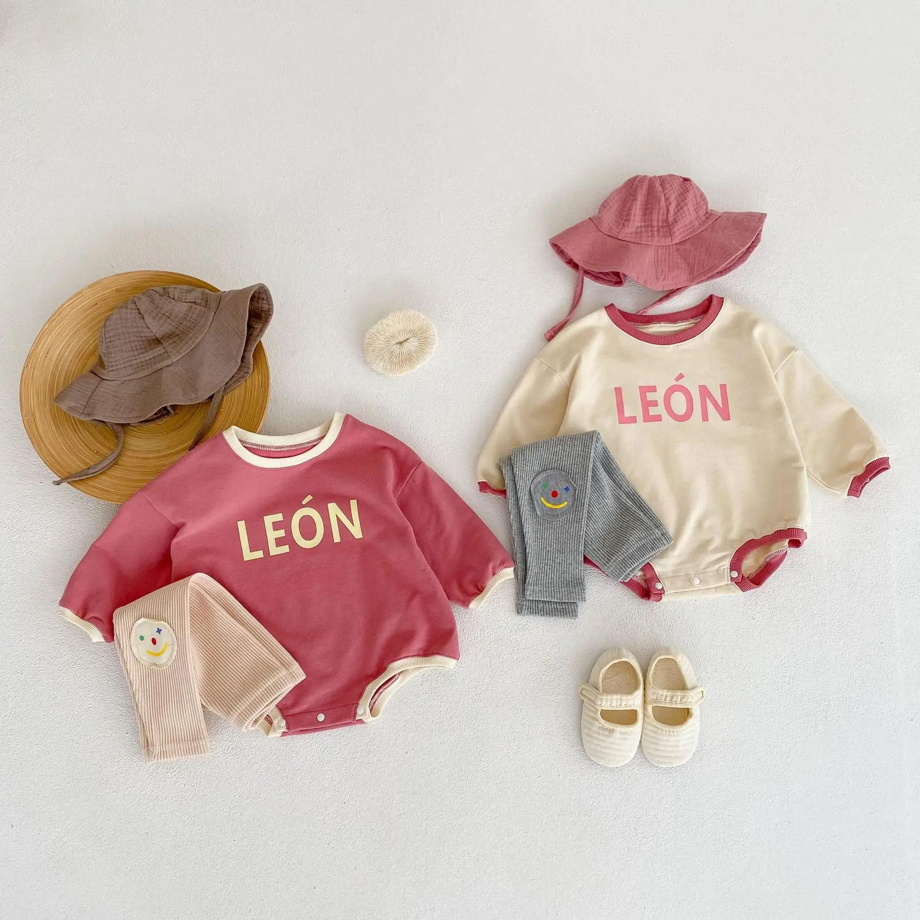 

Autumn Baby Romper Long Sleeve Cotton Letter-printed Pink Boys And Girls Romper + Smiling Face Patch Pants Leggings Baby Clothes