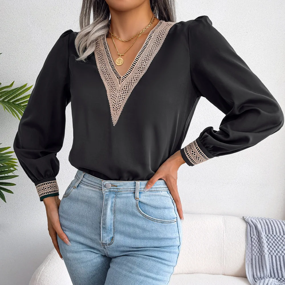 

Black Blouses 2023 Autumn V-Neck Lace Solid Color Stitching Top Women Long-Sleeved Sleeves Loose Chiffon Shirt Female Streetwear