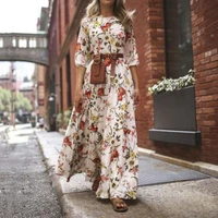 lady dress colorful o neck flower print tight waist bohemia half sleeves dating dress ankle length prom dresses for women 2022