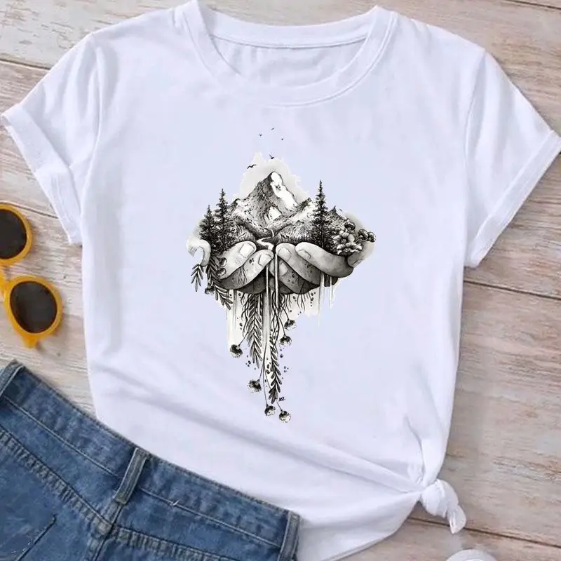 

Fashion Mountain Adventure Sweet Graphic T Shirt Clothes Summer Tee Ladies Clothing Short Sleeve Women T-shirt Female Top