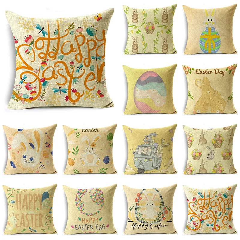 

Beige Yellow Rabbit Car Easter Festival Presents Linen Throw Pillowcase Bedroom Sofa Chair 40*40cm/45*45cm/50*50cm