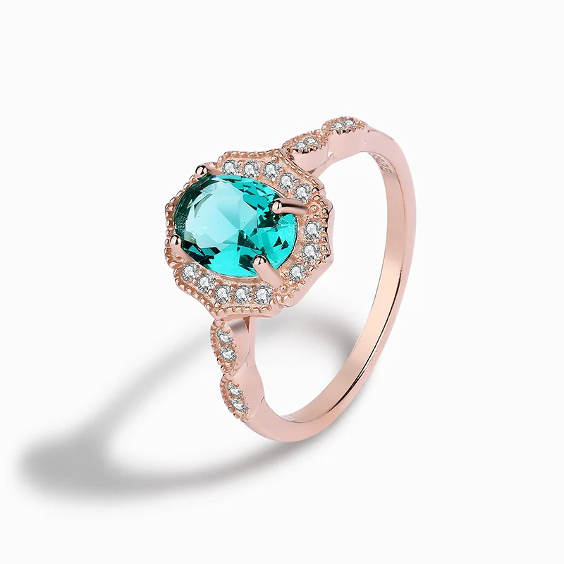 

European and American sterling silver S925 jewelry Paraiba glass gemstone oval rose gold double design women's ring
