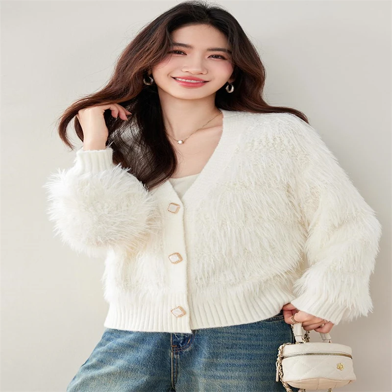 Осенне-зимний модный вязаный кардиган с v-образным вырезом женский ленивый стиль