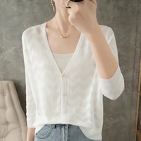 fashion knitted thin cardigan spring summer ladies loose ripple hollow sweater womens sunscreen jacket elegant solid color top