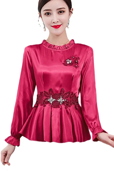 Блузка Женская атласная с длинным рукавом элегантный топ баской рубашка