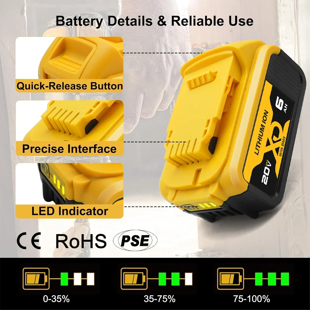 Новый сменный литиевый аккумулятор DCB200 20 В 4 Ач/6 Ач/12 Ач для Dewalt 18 DCB180 DCB181 DCB182 DCB184