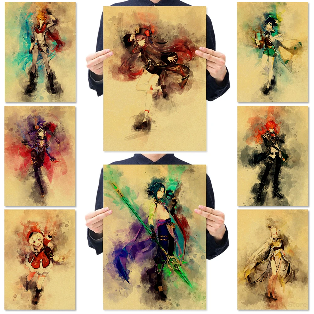 

Genshin Impact Kraft Paper Poster Zhongli Hutao Diluc Venti Klee Xiao Qiqi Home Decor Bedroom Wall Paintings Stickers Posters