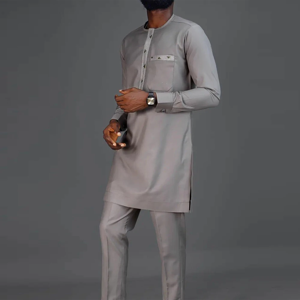 2 Piece Sets Mens Outfit Dashiki African Ethnic Style Long-sleeved Embroidery Top Pants Men Suits Traditional Clothing Casual