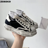 womens canvas sneakers dirty shoes new student canvas thick dissolving heels white shoes lace up sports shoes for women
