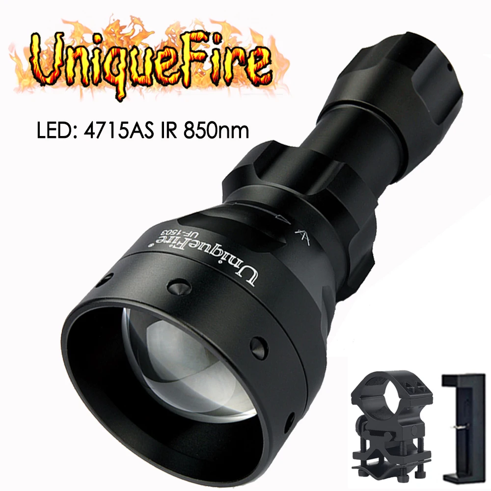 

UniqueFire 1503 4715AS IR 850NM 5W Hunting Flashlight Infrared Invisible Light Lamp Torch with Scope Mount, USB Charger