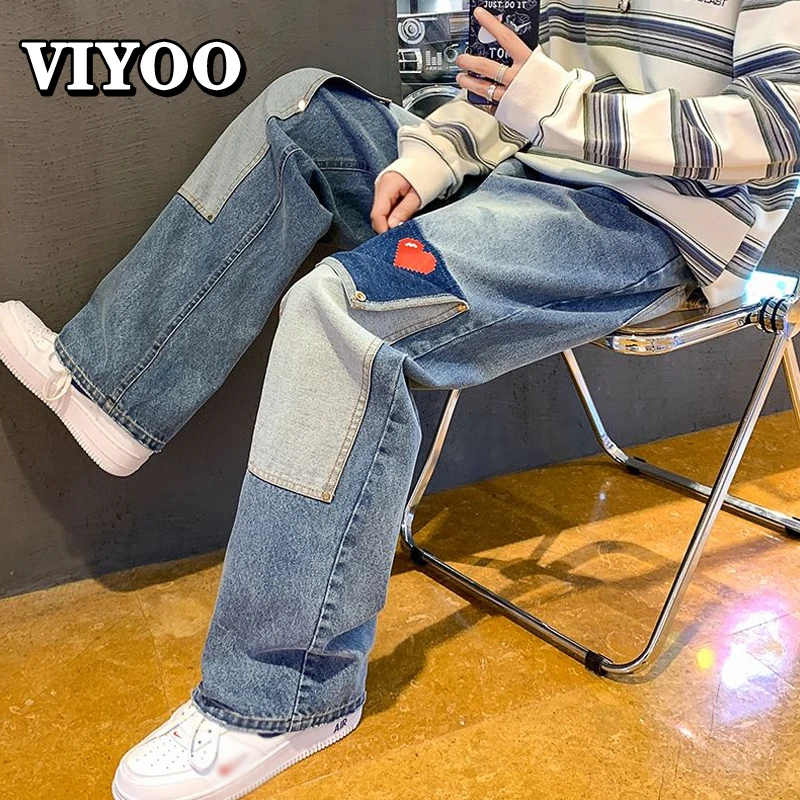 Men Women's Jeans Clothes Patchwork Baggy Denim Wide Pants Beggar Korea Y2K Cargo Harajuku Pants High Street Male Streetwear