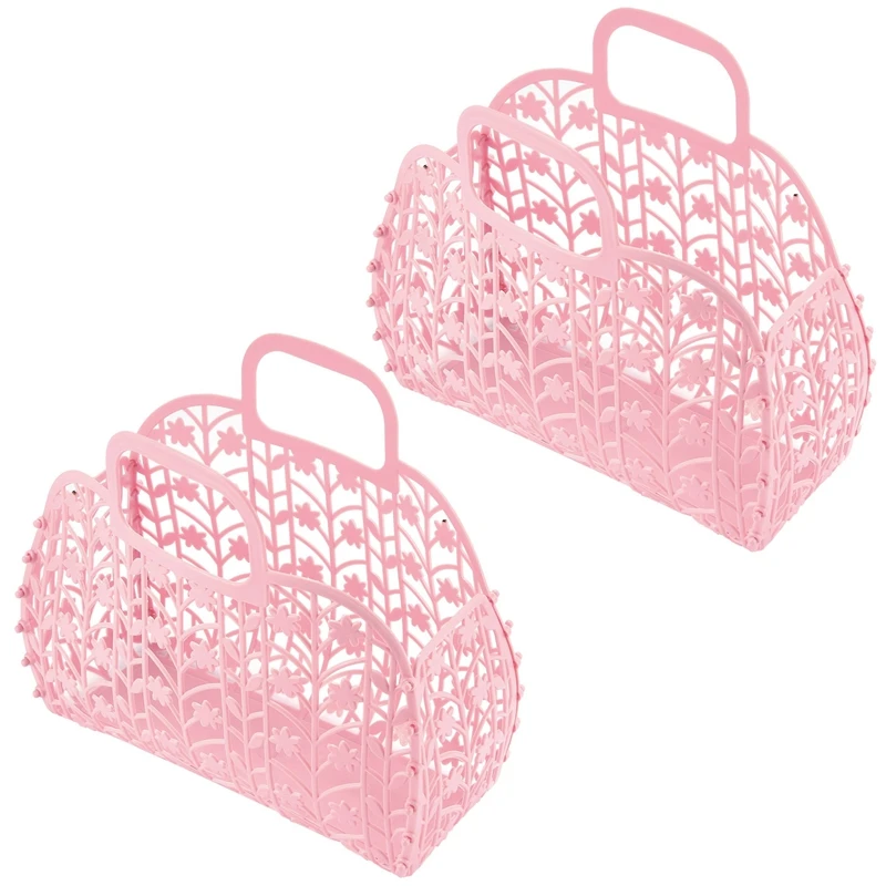 

2X Bathroom Hollow Washing Storage Basket Removable Shower Basket Plastic Bath Basket Shopping Basket Storage Pink
