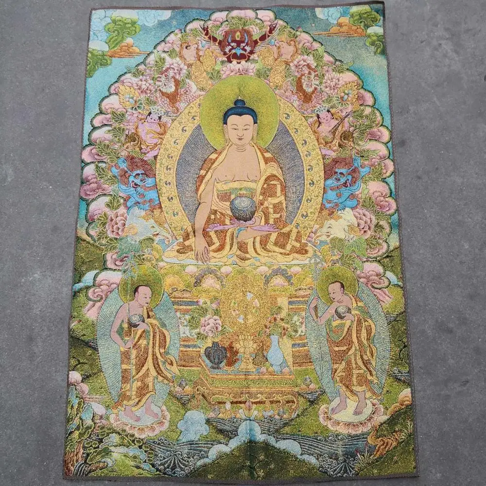 

35"Thangka Embroidery Tibetan Buddhism silk embroidery brocade Nepal Medicine Buddha Shakyamuni Avatar Thangkas