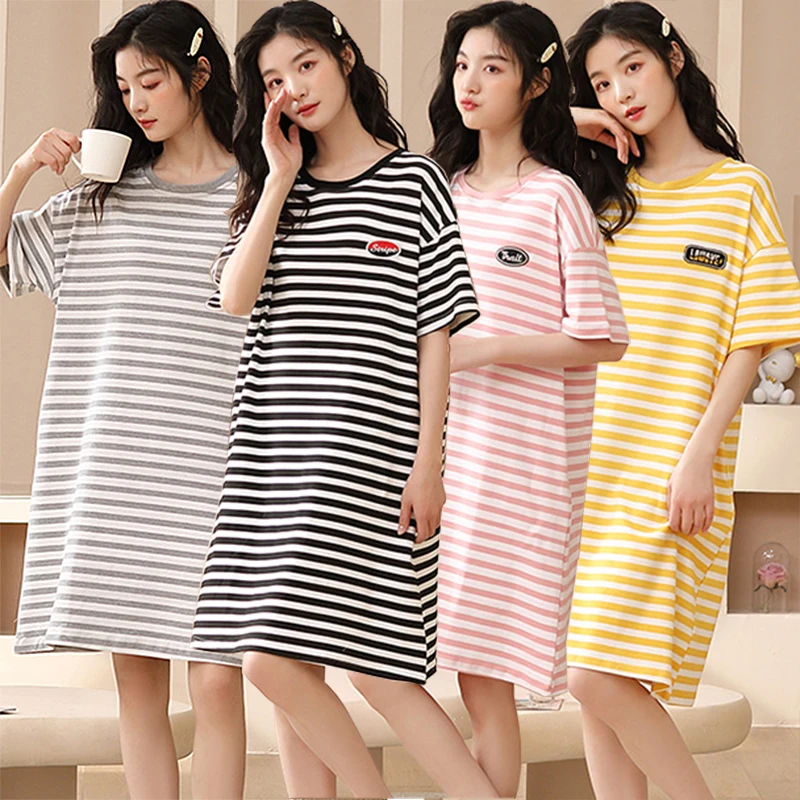 

2023 New Summer 100% Cotton Casual Striped Short Sleeve Nightgown for Women Korean Loose Sleepwear Night Dress Nightdress Nighty