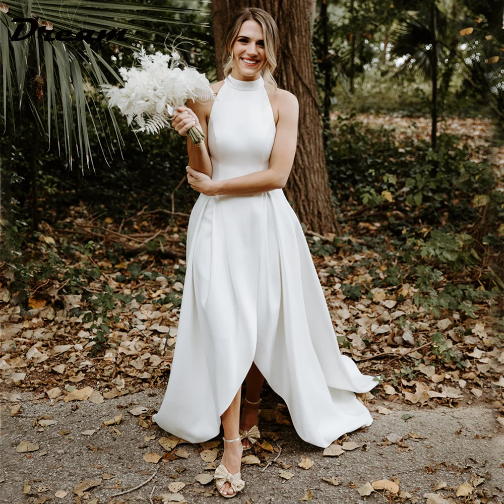 

DREAM Satin Sleeveless High Low Skirt Halter Elegant Wedding Dress High Split Backless Simple Bridal Gown