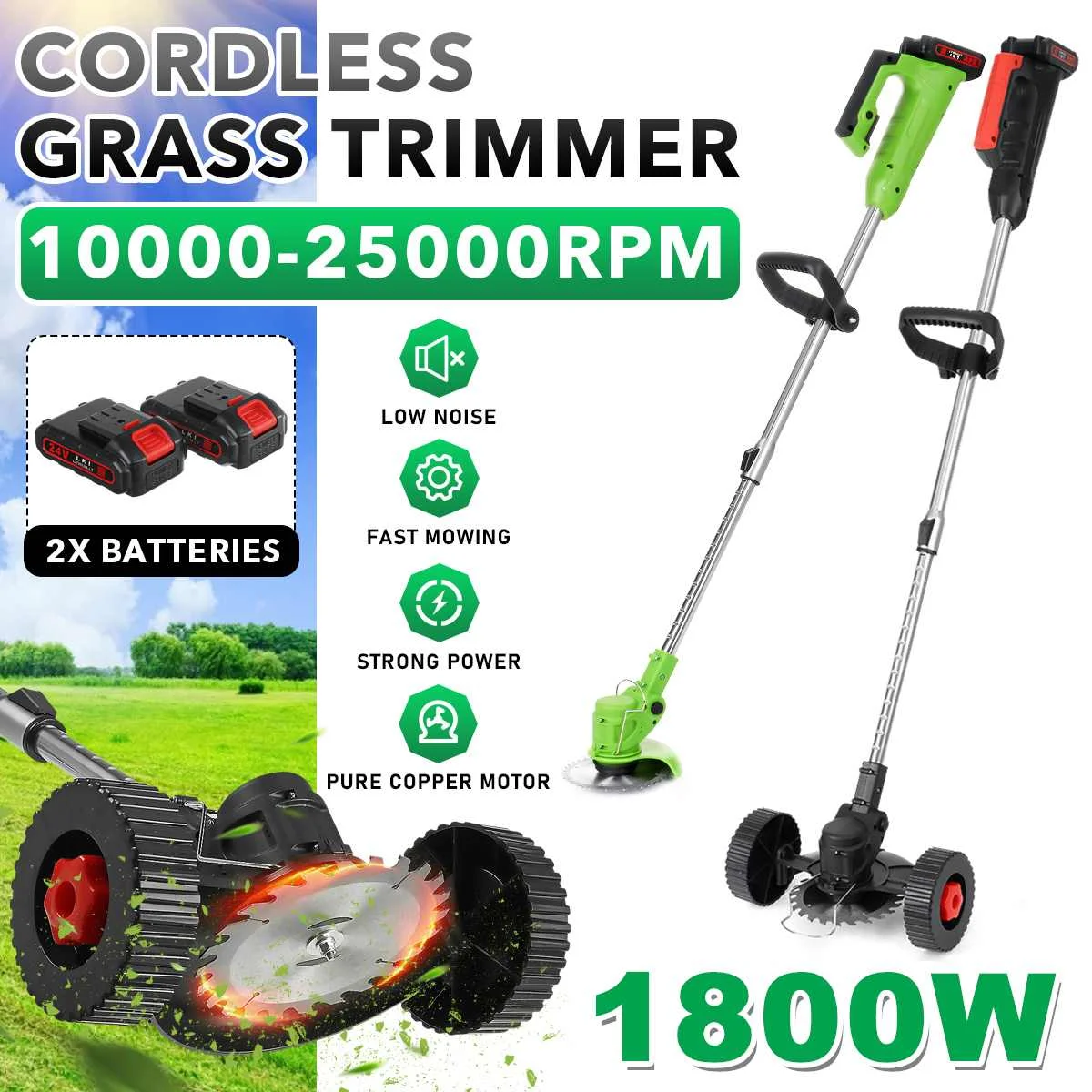 

21/24V Cordless Grass Trimmer Electric Powerful Lawn Mower With 2Pcs Battery Double Wheel Adjustable Garden Pruning Cutter Tools