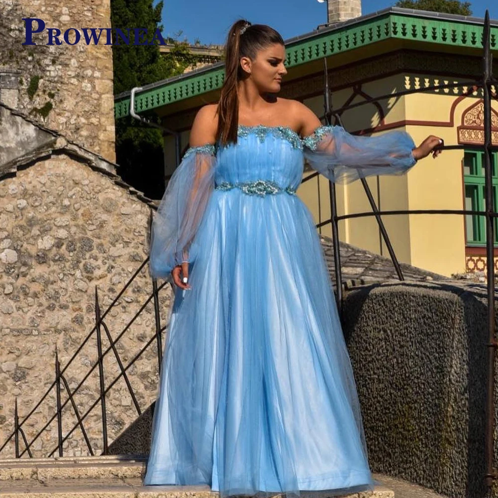 

Prowinea Strapless Beadings Long Sleeve Pearls Evening Gowns Appliques For Women De Gala Tulle Off The Shoulder Customised Pleat