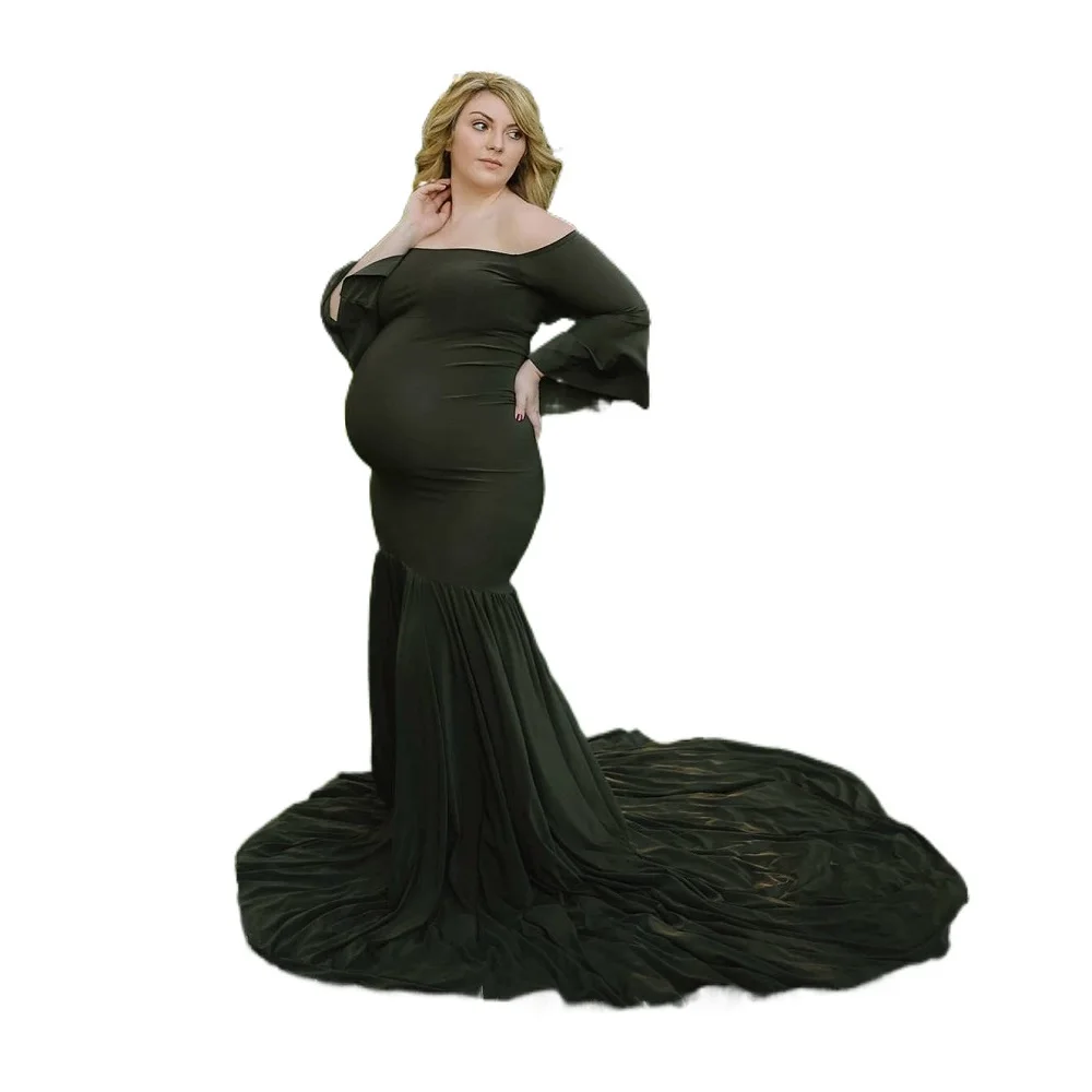 

Women's Off Shoulder Ruffles Maternity Dress Photography Mermaid Maxi Gown Women Pregnant Dress for Photoshoot Baby Shower