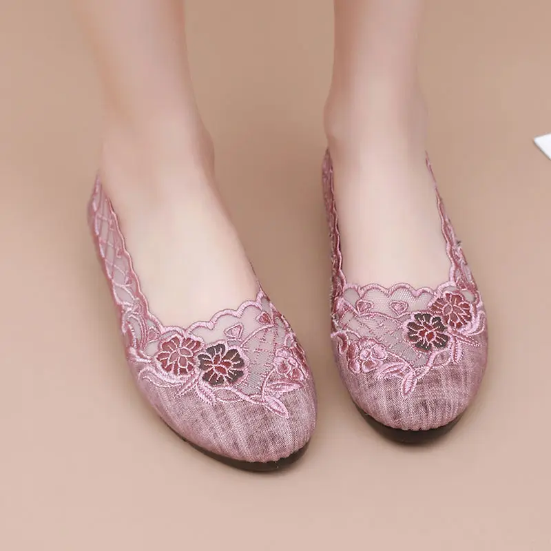 Summer Mesh Ballet Flats Women's Embroidered Flower Loafers Ladies Weightlight Wedge Shoes Free Shipping Mother Casual Slip Ons