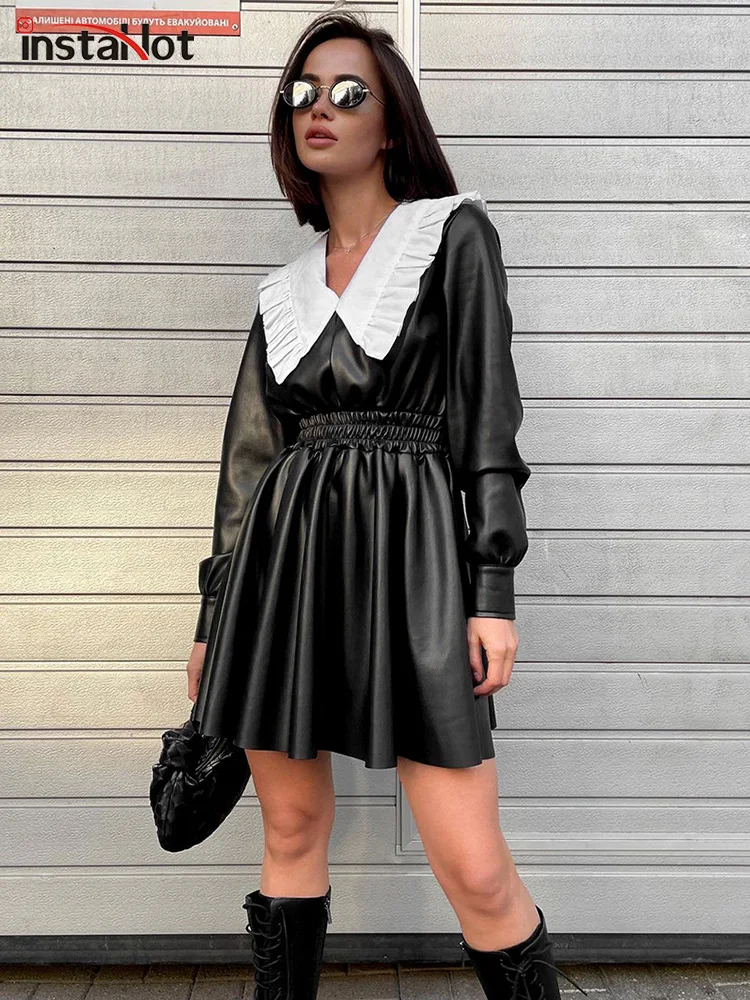 

InstaHot Autumn Winter PU Leather Mini Dress For Women Peter pan Collar High Waist Long Sleeve Black Punk Streetwear Dresses