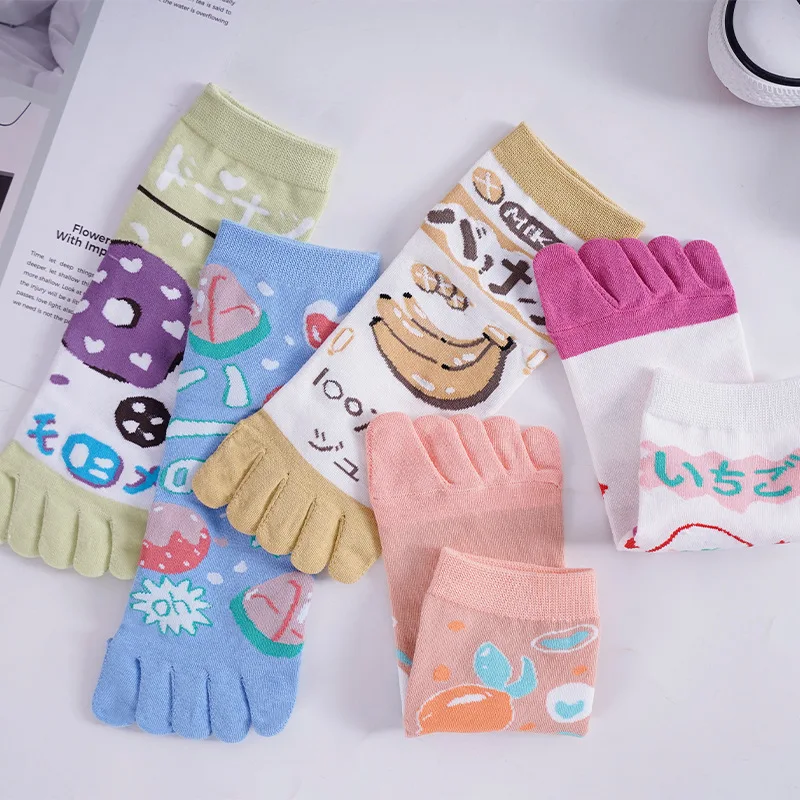 5 Pair Kawaii Toe Socks Girl Female Cotton Strawberry Fruits Cartoon Breathable Hosiery Japanese Fashion Women's Happy Socks Set