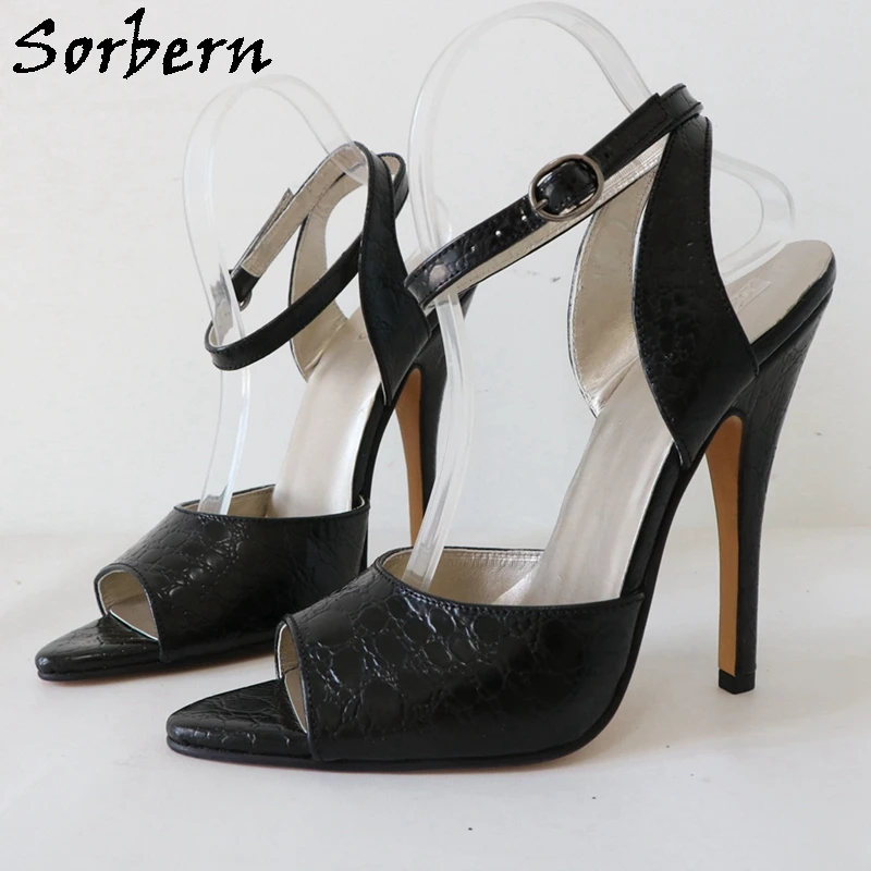 

Sorbern Black Stone Real Leather Sandal Women Slingback Sissy Boy Fetish High Heel 14cm Summer Shoes Stilettos Party Shoes