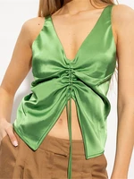 female suspender stain camis women v neck drawstring pleated tank top 2022 summer ladies sleeveless vest
