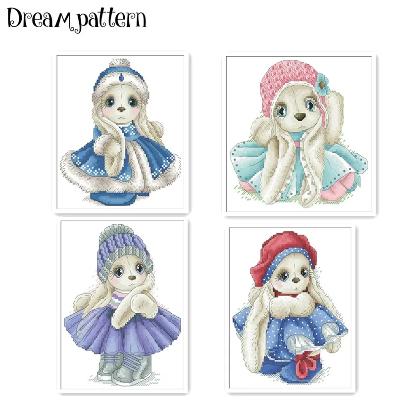 

Winter rabbit in coat cross stitch package cartoon bunny 18ct 14ct 11ct cloth cotton thread embroidery DIY handmade needlework