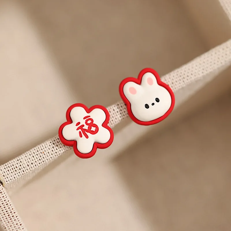 

Silver Needle Earrings Bunny Flower Asymmetrical Stud earrings Red Fu Word Earrings Cartoon Cute Gift