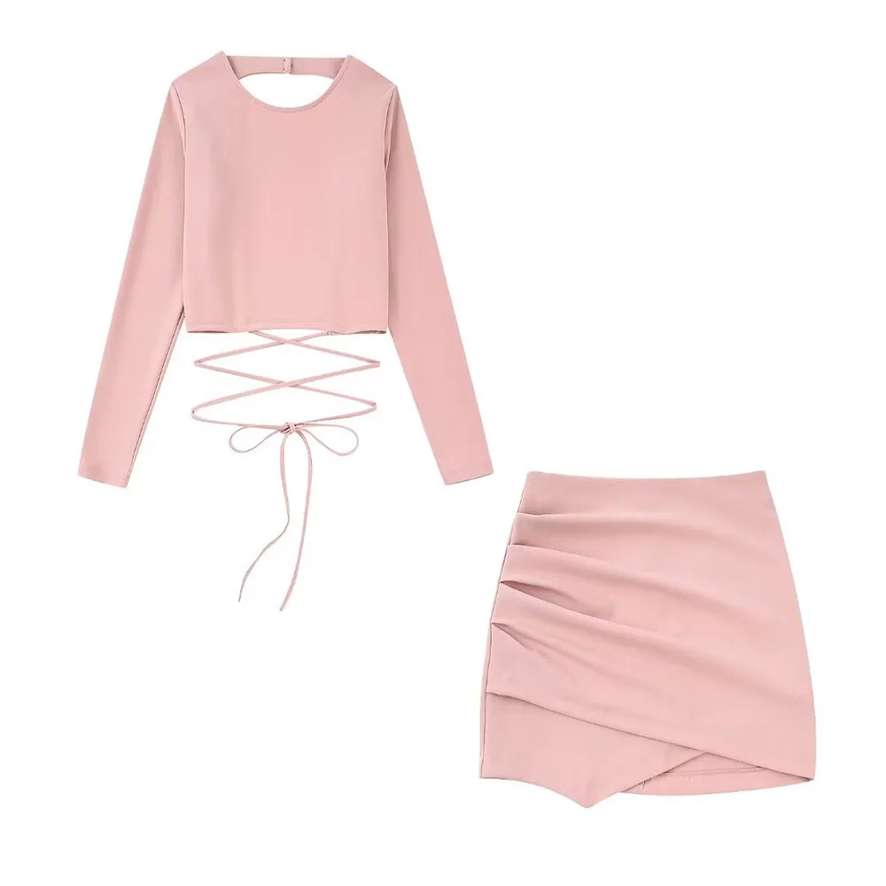 

Women's Summer 2022 New Fashion Chic Vintage Round Neck Long Sleeves Backless Bow Embellishment Short Top + Draped Mini Skirt