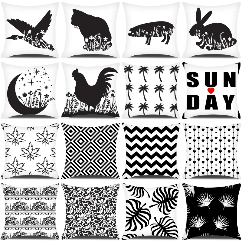 

Square Pillowcase Black and White Cushion Cover Flowers Animals Decorative Throw Pillow Case Home Decor Pillow Cover for Couch
