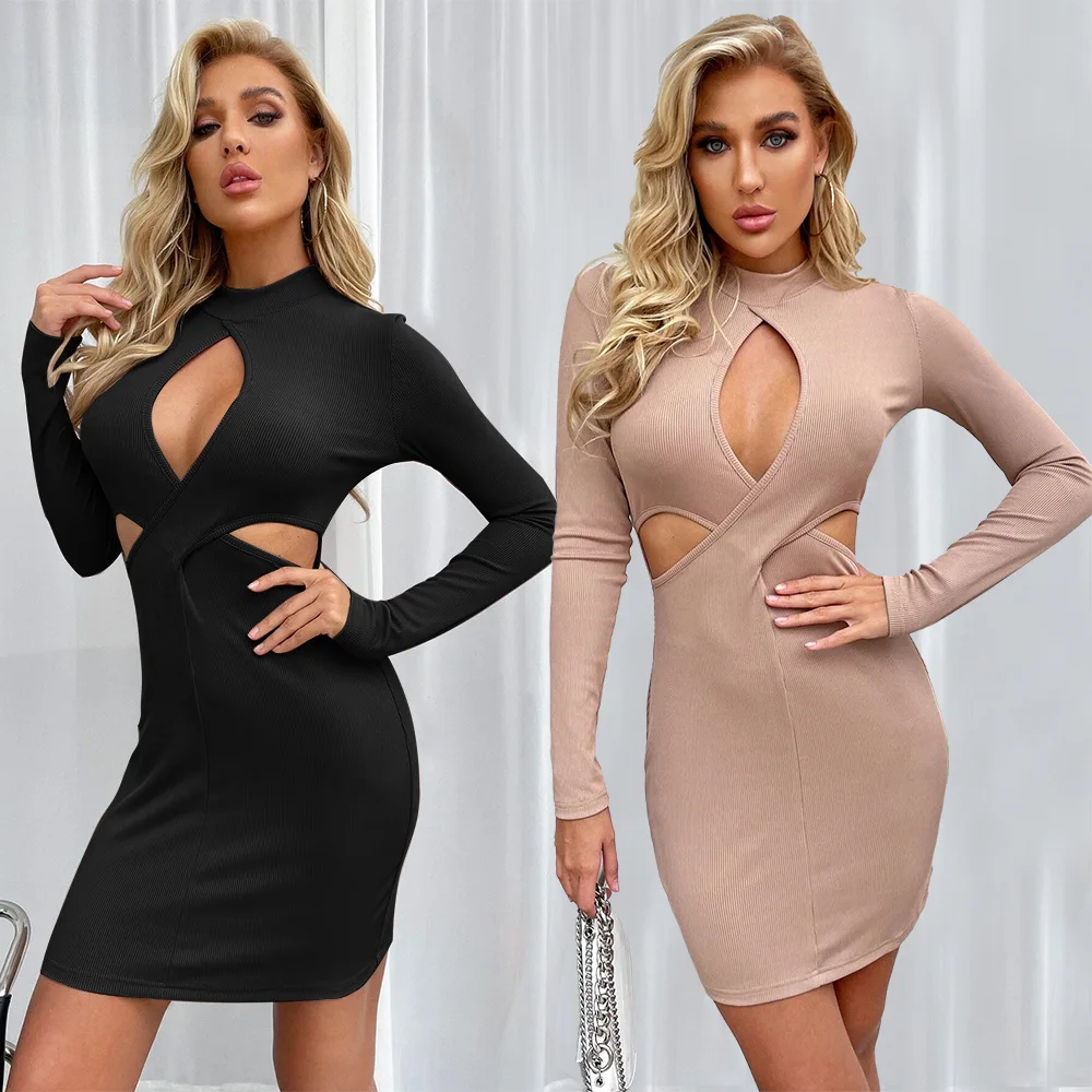 

women's clothing 2022 temperament commuting sexy hollow out high neck Pullover Long Sleeve Dress