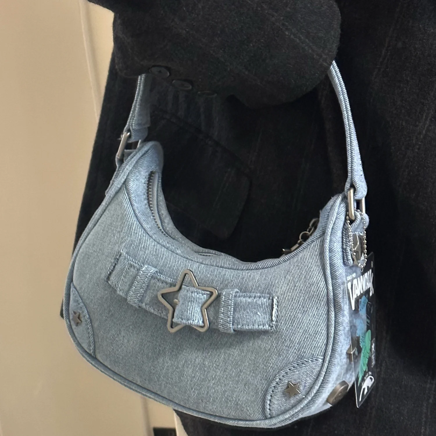

Y2K Vintage Korean Casual Cute Blue Star Shoulder Underarm Tote Bag Ladies Sling Bags Leather Zip Purses Bagutte Handbags Women
