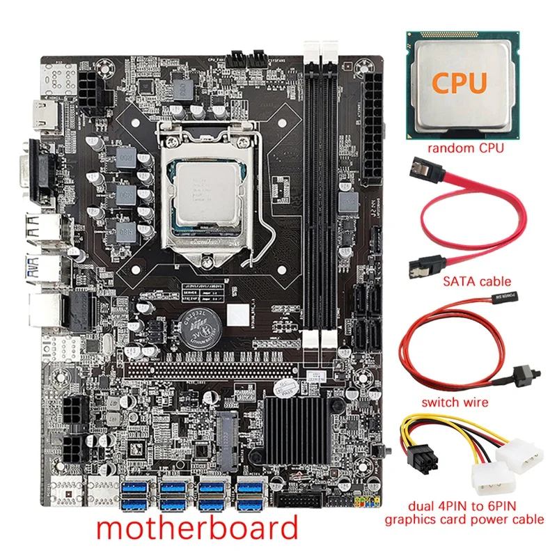 

B75 8 GPU Mining Motherboard+CPU+Power Cable+Switch Cable+SATA Cable 8 USB3.0 (PCIE) LGA1155 DDR3 RAM SATA3.0 ETH Miner
