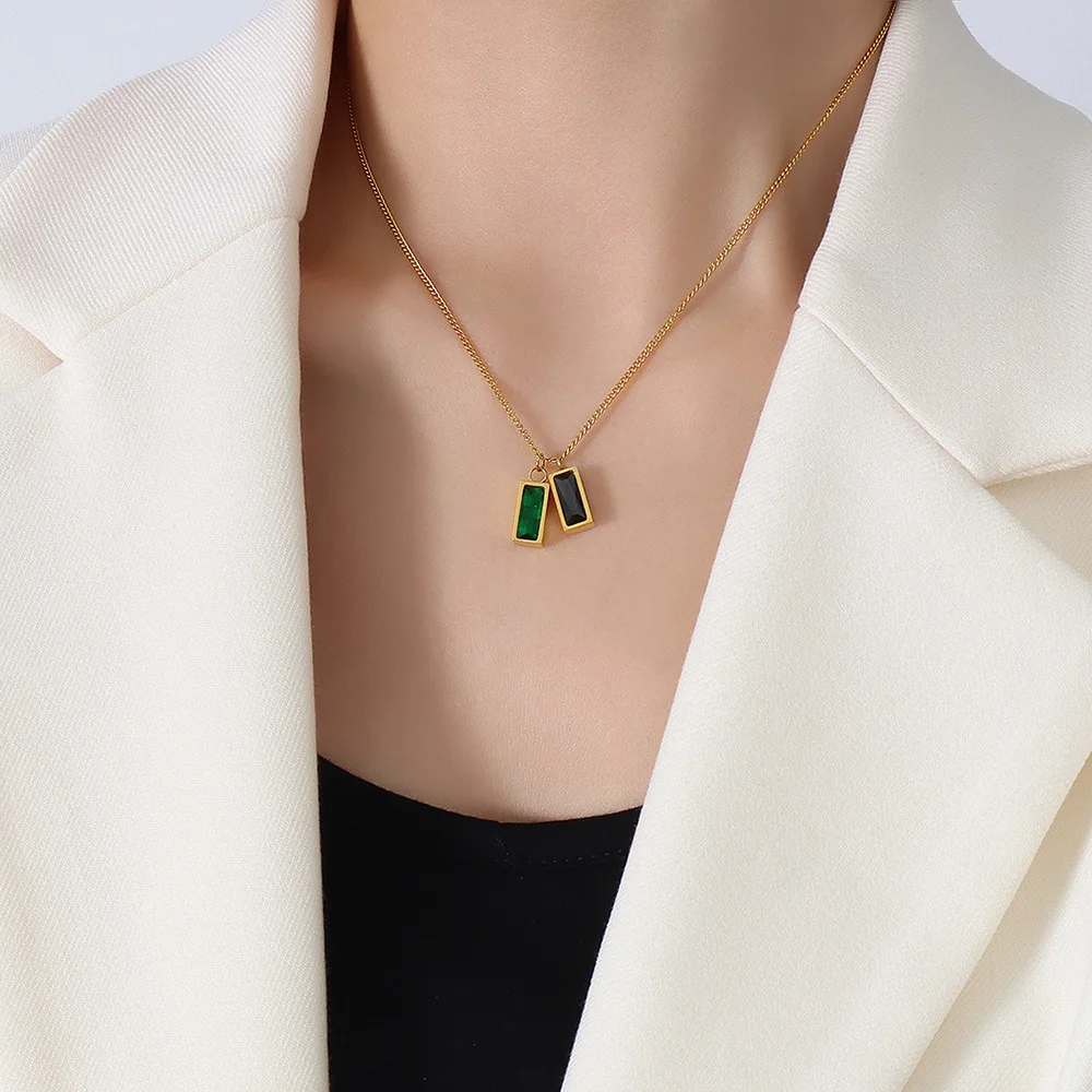 

INS Trendy Design Emerald Pendant Necklace For Women Gemstone Green Crystal Zircon Charms 18K Gold Chain Necklace Fashion Choker