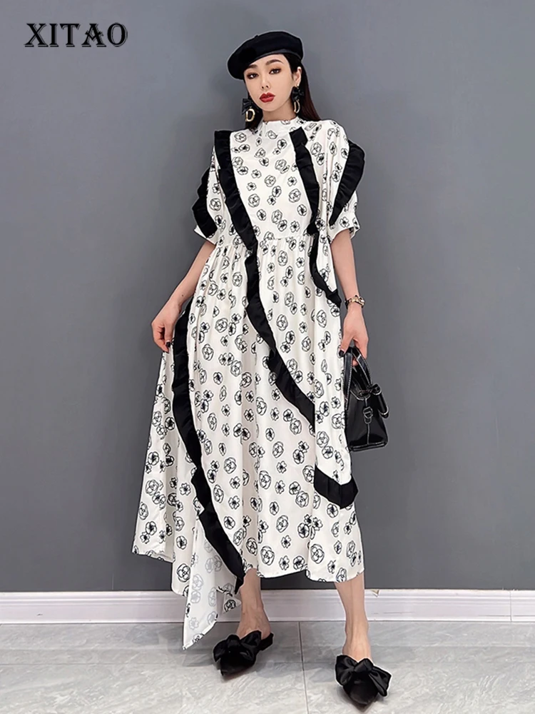 

XITAO Irregular Paint Dress Women Korea 2022 Summer New Arrival Personality Fashion Loose Short Sleeve Casual Dress WLD7133