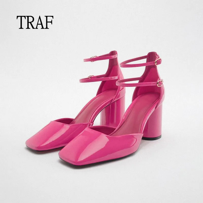 TRAF Rose High Heels Women Pumps 2022 Autumn French Thick Heel Ankle Lace-up Elegant Woman Heeled Shoes Party Ladies Shoes