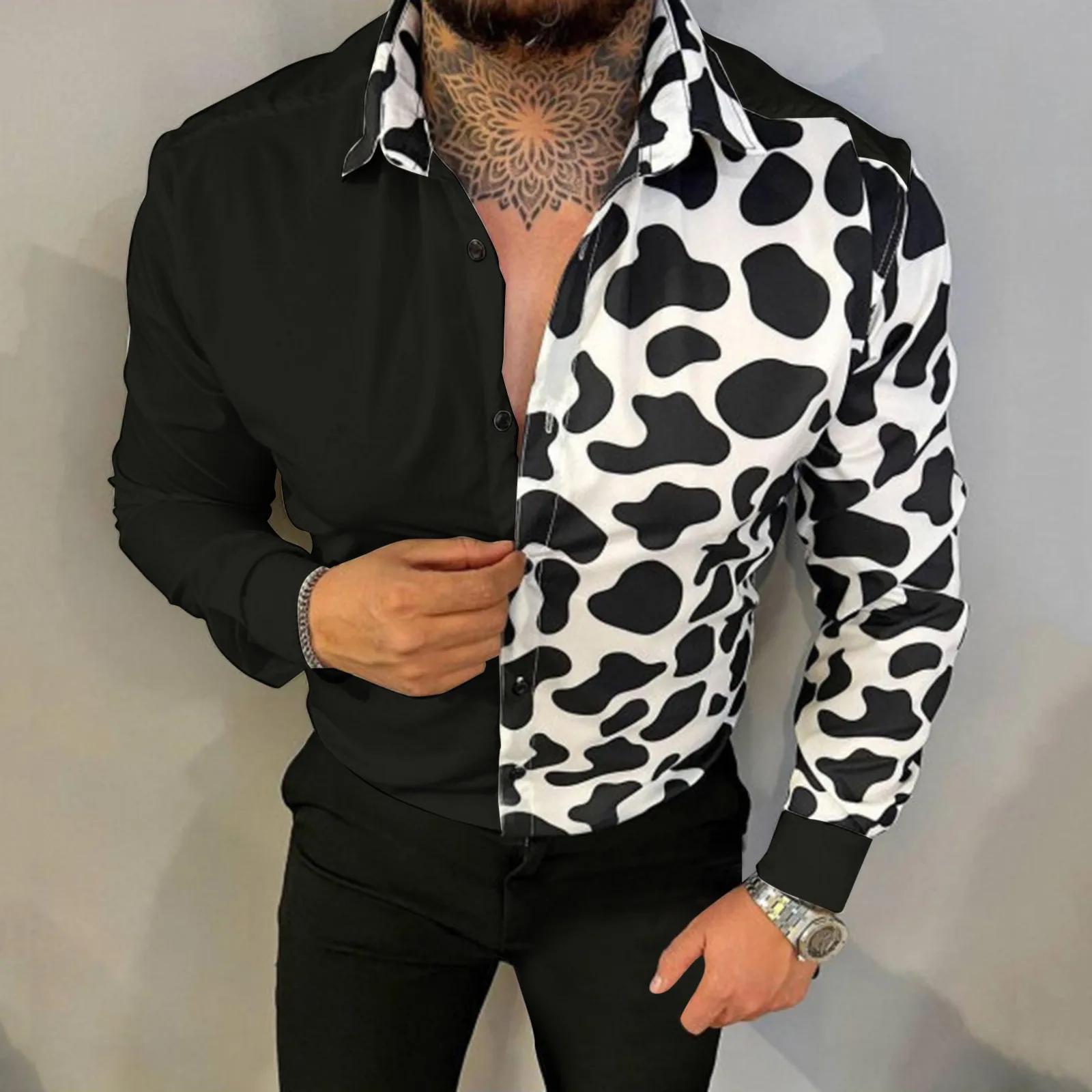 

Spring Mens Shirt Streetwear Casual Milk Cow Black Patchwork Autumn Clothes Slim Fit Long Sleeve Turn-down Collar Button Shirts