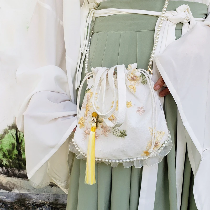 

Hanfu Bag Cosplay Chinese Style Retro Canvas Handbags Sakura Embroidery Tassels Pocket Fairy Ancient Pearl Chain Crossbody Bags