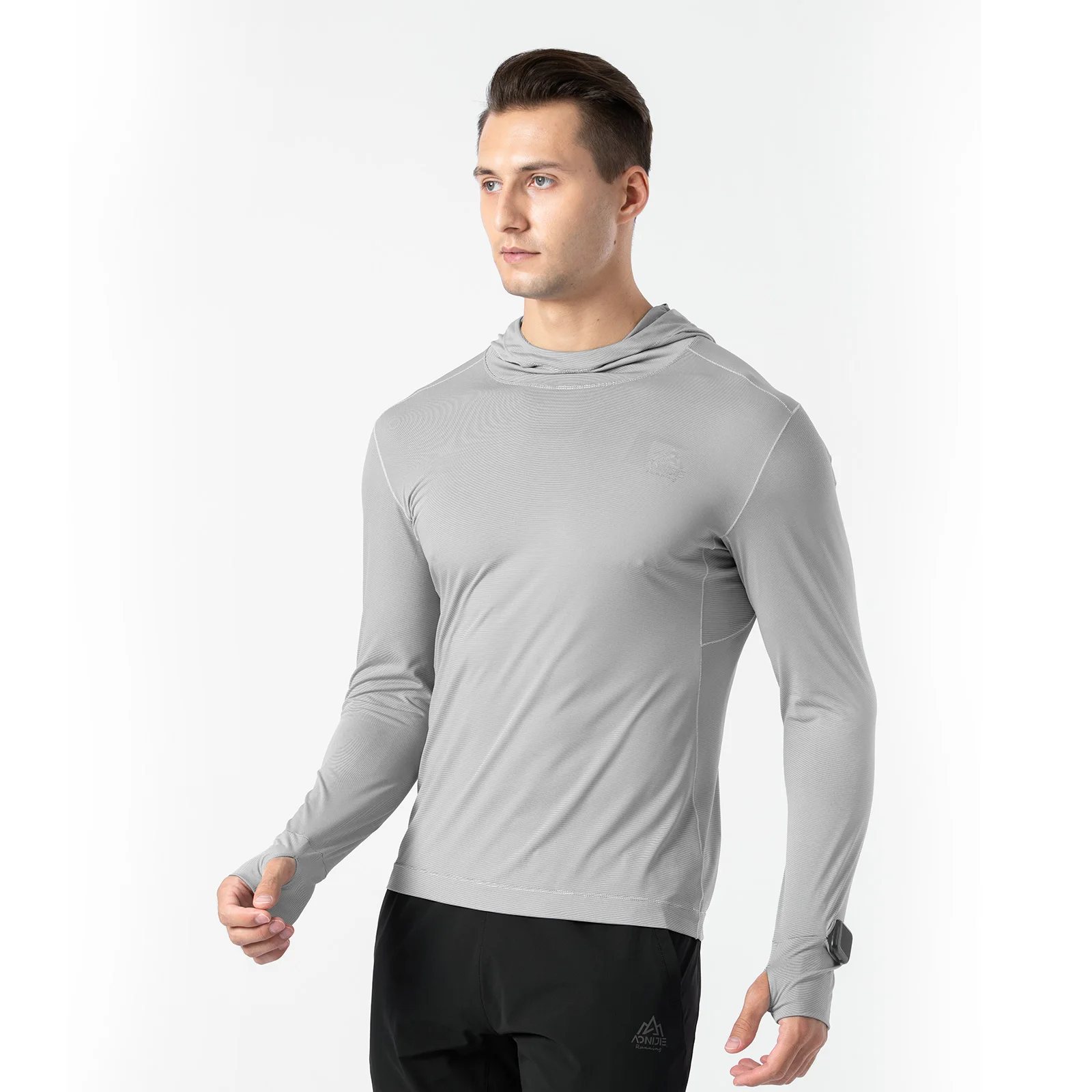 AONIJIE FM5128 Man Male Quick Drying Sports T-shirt Hooded Long Sleeves With Watch And Finger Hole For Running Hiking Jogging