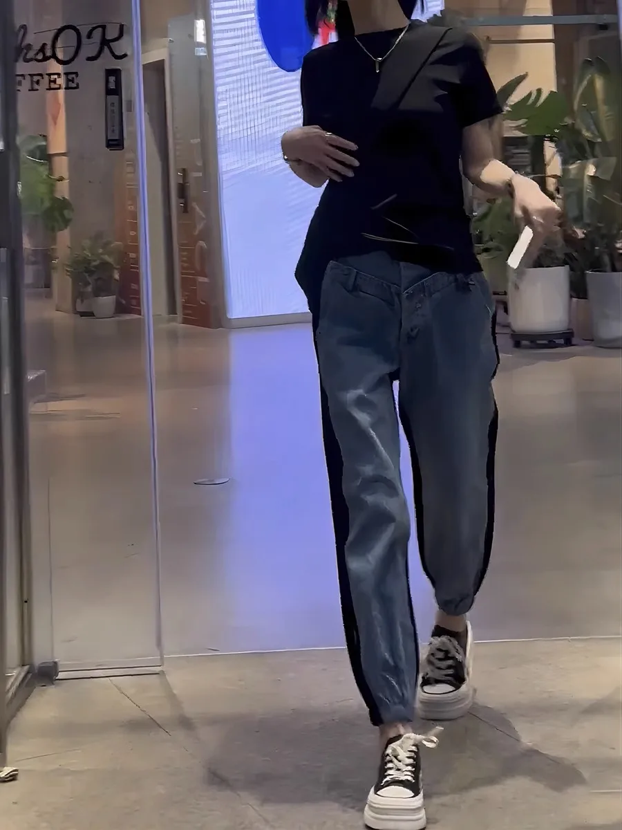 Y2k Pear-shaped Body Slightly Fat Wear Big Size 2023 Summer New Style Of Bunched Feet Radish Pants Denim Splicing Pants Thin