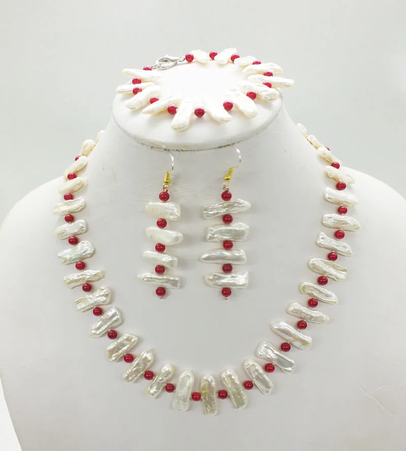 NEW Artists Подлинный Biwa Baroque White Stick Жемчуг и Красный Коралл браслет серьги. Колье