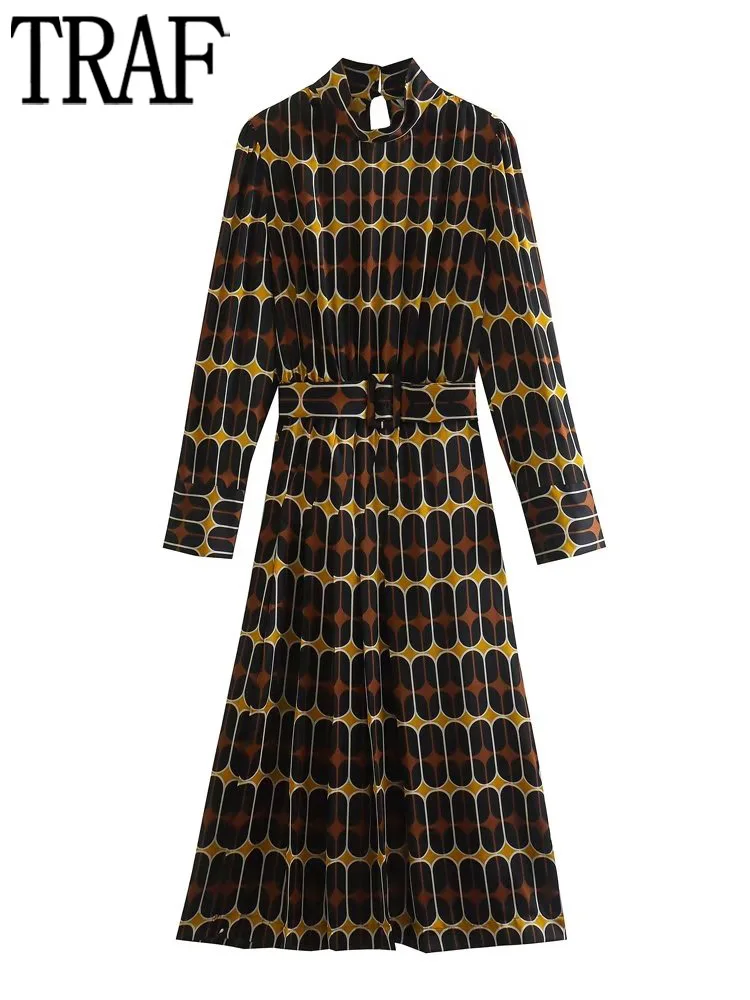

TRAF Print Long Dress Women Pleated Satin Dress Woman Autumn Belt Midi Dresses for Women 2022 Long Sleeve Office Female Dress