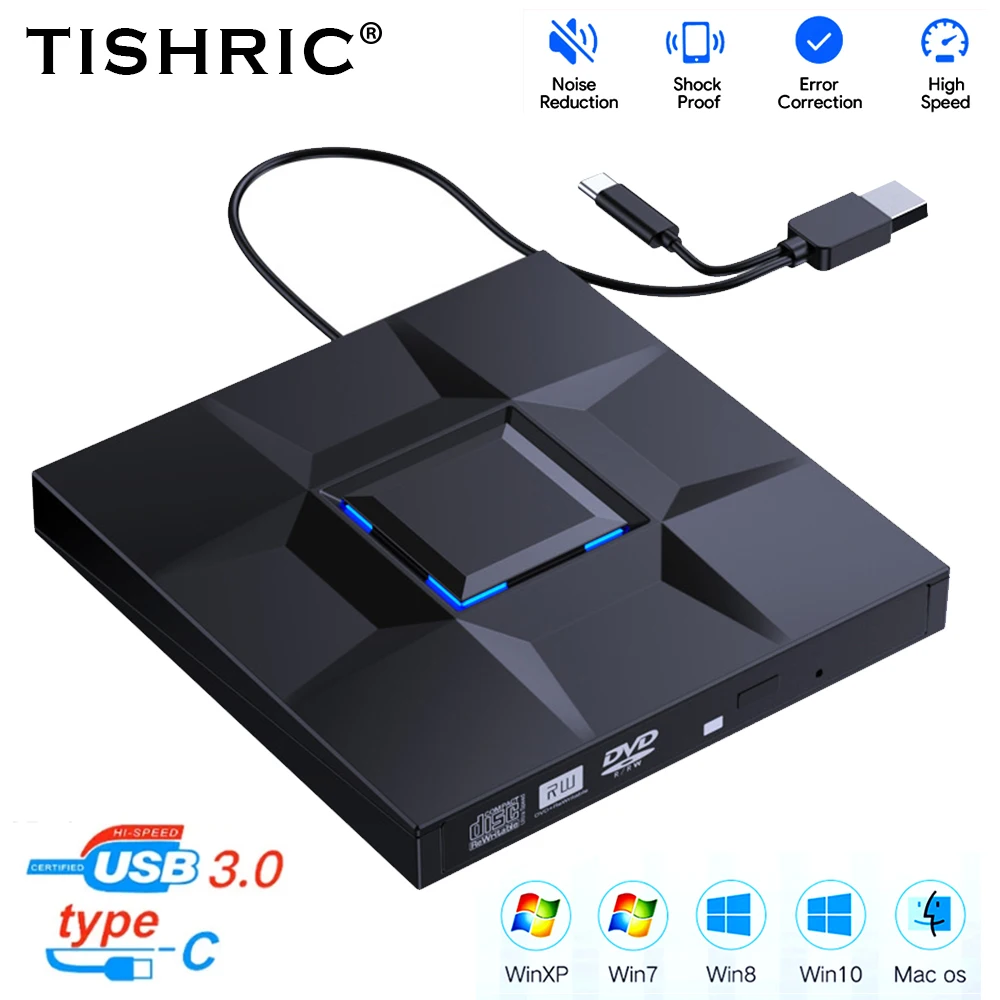 

TISHRIC External Optical Drive USB 3.0 Type C cable Portable CD DVD Drive CD DVD-RW ROM Burner Reader Player For Laptop Desktop