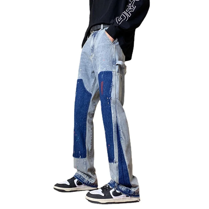 

New Fashion Trends Men's Jeans Cross Border Contrast Color Wash Panel Multi Pocket Denim Pants