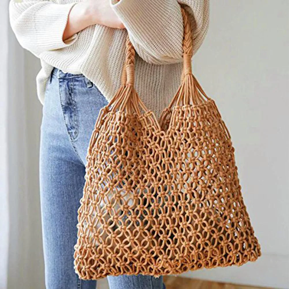 

Beach Straw Shoulder Bag Women Fashion 2022 Woven Summer Vacation Shopper Bag Cotton Hollow Fishnet Picnic Totes Handbag